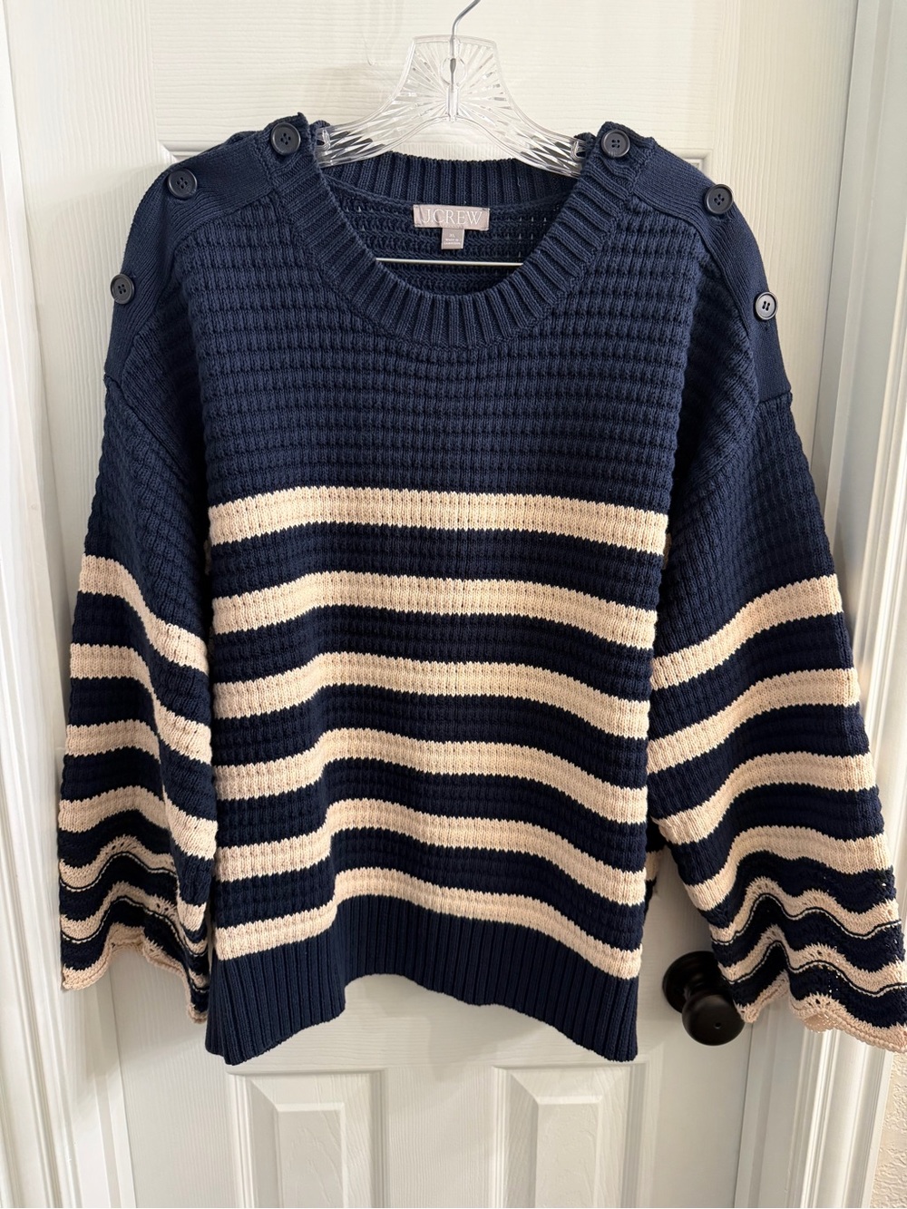J. Crew Navy and Cream Striped Button-Shoulder Crewneck Sweater